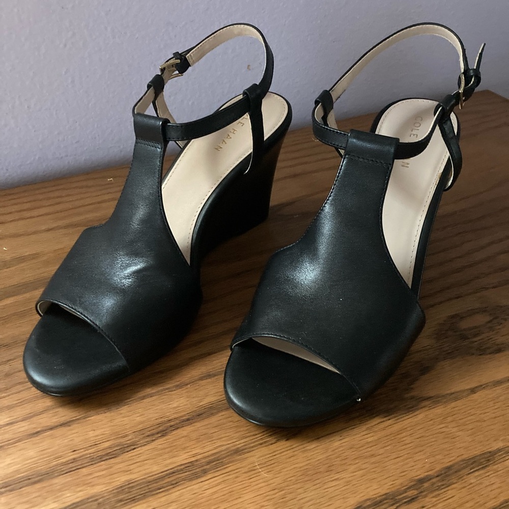 Cole Haan Black Leather upper T-Strap wedge.